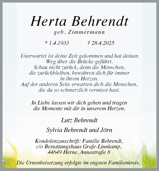 Traueranzeige von Herta Behrendt von Tageszeitung
