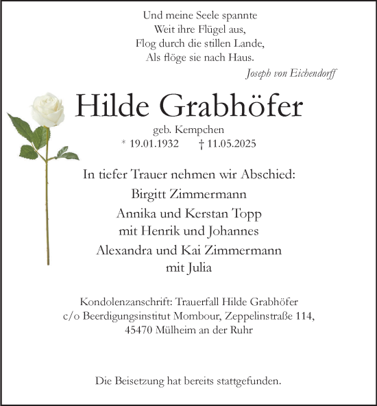 Traueranzeige von Hilde Grabhöfer von Tageszeitung