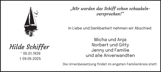 Traueranzeige von Hilde Schiffer von Tageszeitung