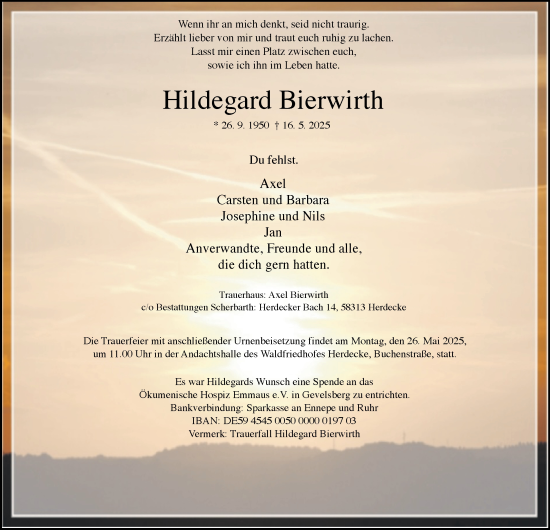 Traueranzeige von Hildegard Bierwirth von Tageszeitung