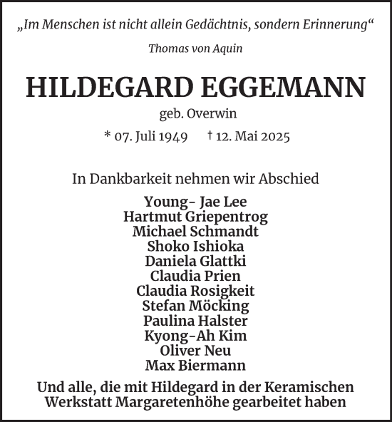 Traueranzeige von Hildegard Eggemann von Tageszeitung