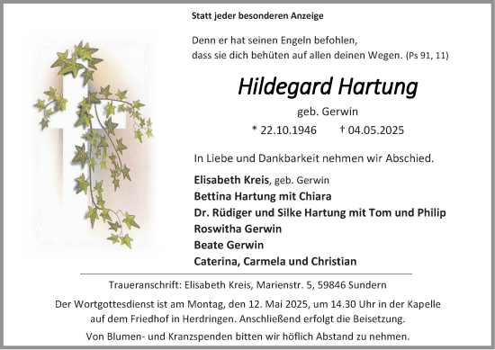 Traueranzeige von Hildegard Hartung von Tageszeitung