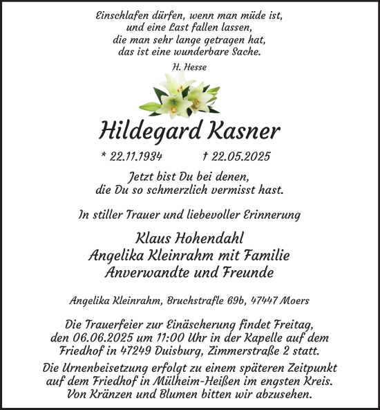 Traueranzeige von Hildegard Kasner von Tageszeitung