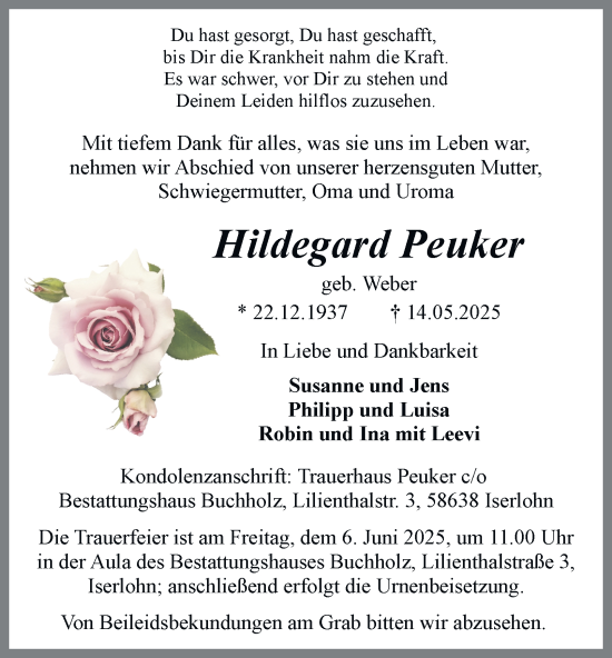 Traueranzeige von Hildegard Peuker von Tageszeitung