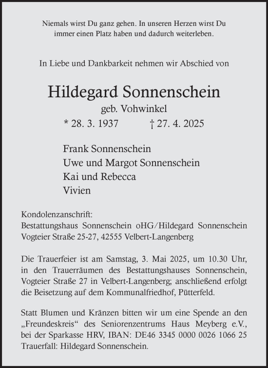 Traueranzeige von Hildegard Sonnenschein von Tageszeitung
