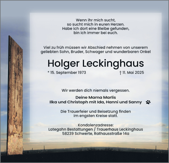 Traueranzeige von Holger Leckinghaus von Tageszeitung