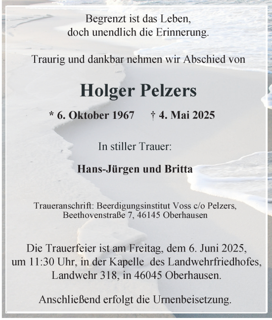 Traueranzeige von Holger Pelzers von Tageszeitung