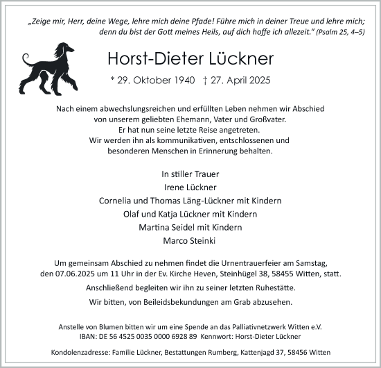 Traueranzeige von Horst-Dieter Lückner von Tageszeitung