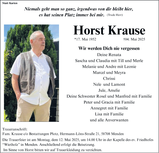 Traueranzeige von Horst Krause von Tageszeitung