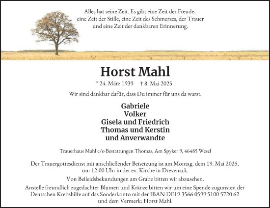 Traueranzeige von Horst Mahl von Tageszeitung