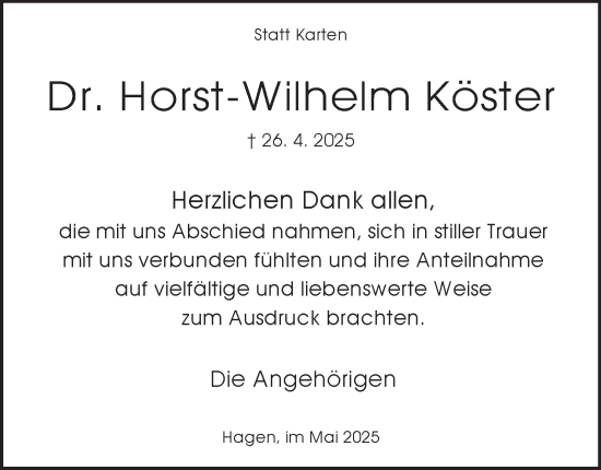 Traueranzeige von Horst-Wilhelm Köster von Tageszeitung