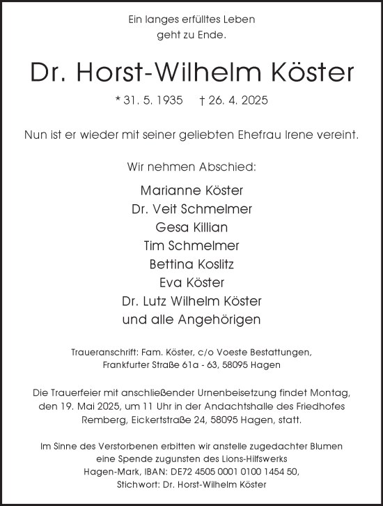 Traueranzeige von Horst-Wilhelm Köster von Tageszeitung