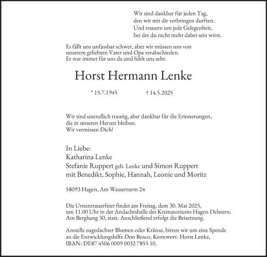 Traueranzeige von Horst Hermann Lenke von Tageszeitung