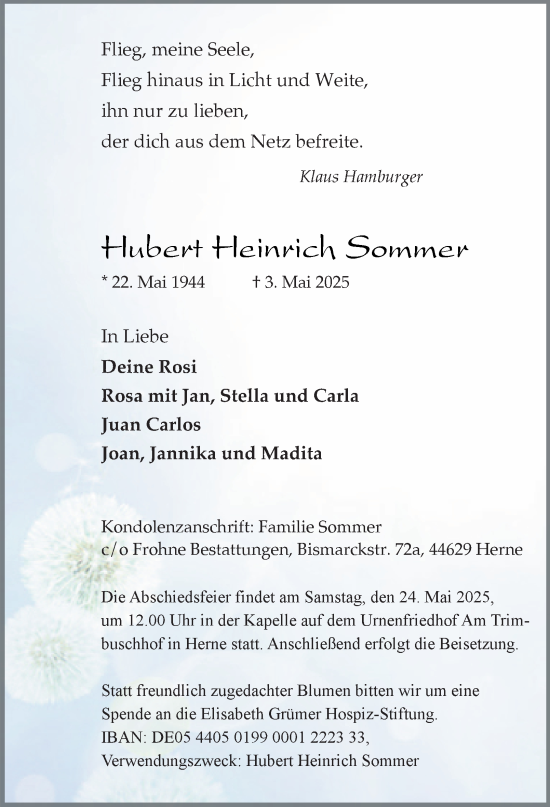 Traueranzeige von Hubert Heinrich Sommer von Tageszeitung