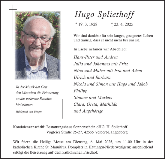Traueranzeige von Hugo Spliethoff von Tageszeitung
