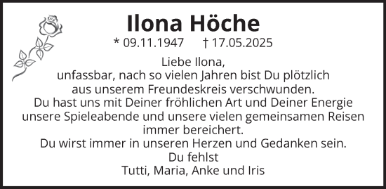 Traueranzeige von Ilona Höche von Tageszeitung