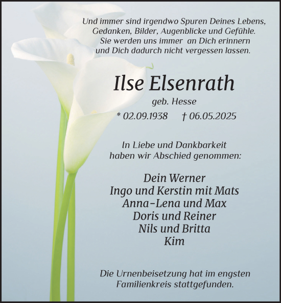 Traueranzeige von Ilse Elsenrath von Tageszeitung