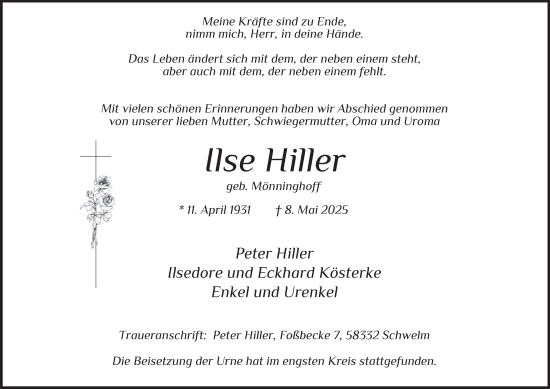 Traueranzeige von Ilse Hiller von Tageszeitung