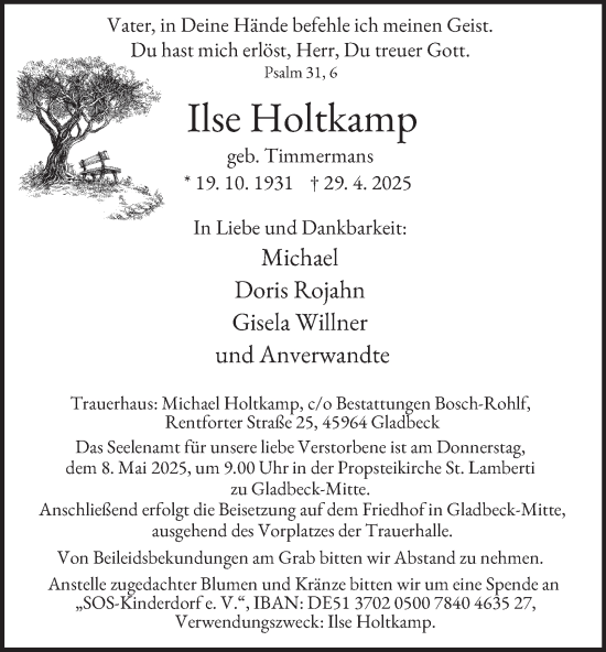 Traueranzeige von Ilse Holtkamp von Tageszeitung