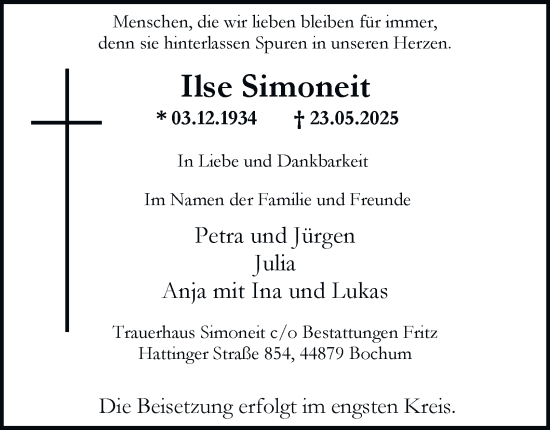 Traueranzeige von Ilse Simoneit von Tageszeitung