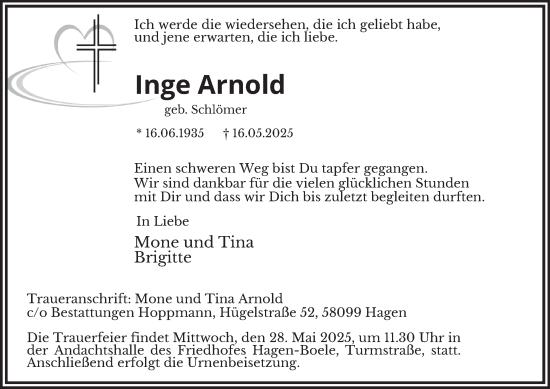 Traueranzeige von Inge Arnold von Tageszeitung