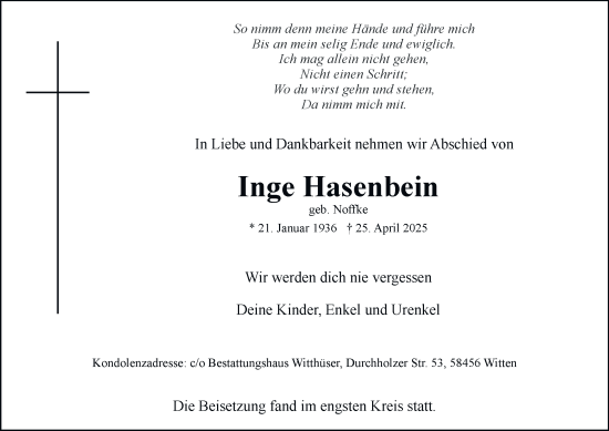 Traueranzeige von Inge Hasenbein von Tageszeitung