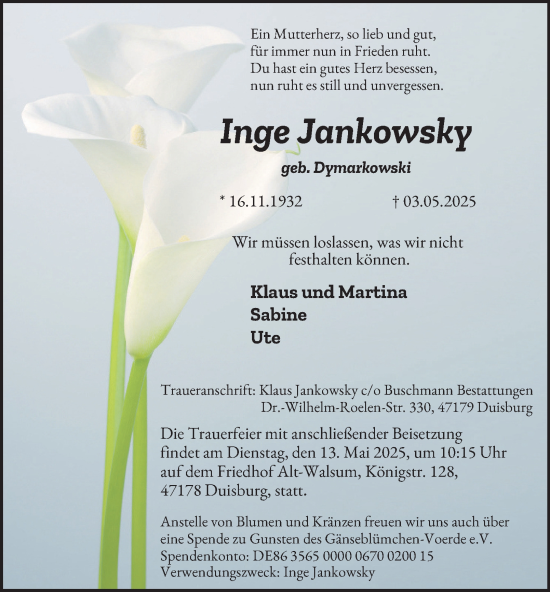 Traueranzeige von Inge Jankowsky von Tageszeitung