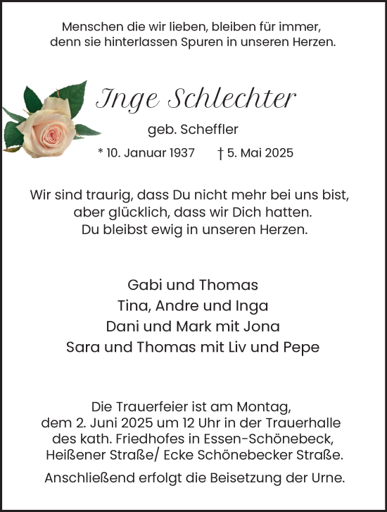 Traueranzeige von Inge Schlechter von Tageszeitung