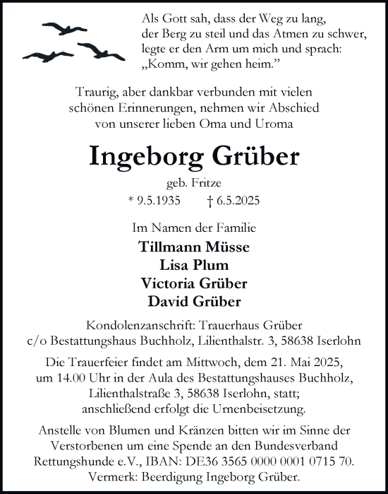 Traueranzeige von Ingeborg Grüber von Tageszeitung