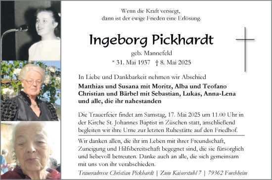 Traueranzeige von Ingeborg Pickhardt von Tageszeitung