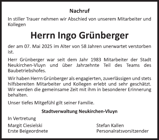 Traueranzeige von Ingo Grünberger von Tageszeitung