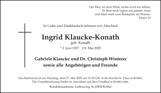 Traueranzeige von Ingrid Klaucke-Konath von Tageszeitung
