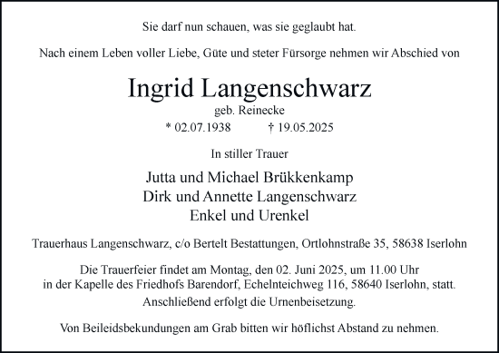 Traueranzeige von Ingrid Langenschwarz von Tageszeitung