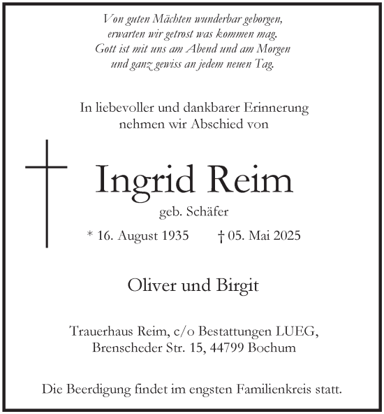 Traueranzeige von Ingrid Reim von Tageszeitung