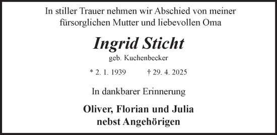 Traueranzeige von Ingrid Sticht von Tageszeitung