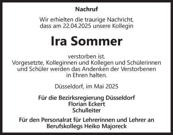 Traueranzeige von Ira Sommer von Tageszeitung