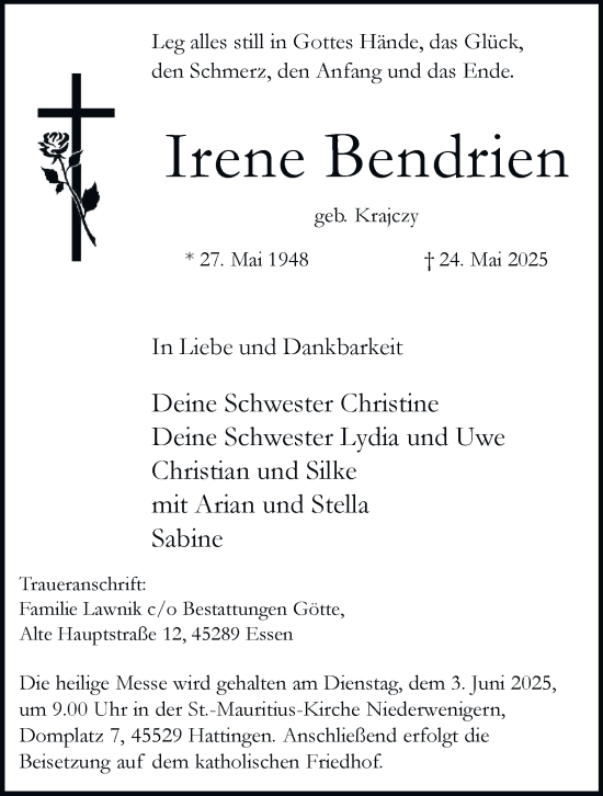 Traueranzeige von Irene Bendrien von Tageszeitung