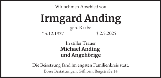 Traueranzeige von Irmgard Anding von Tageszeitung