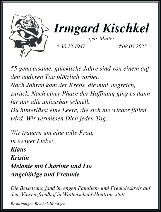 Traueranzeige von Irmgard Kischkel von Tageszeitung