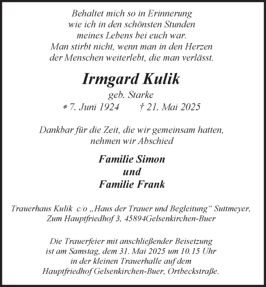 Traueranzeige von Irmgard Kulik von Tageszeitung