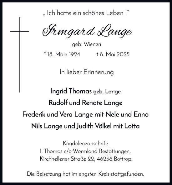 Traueranzeige von Irmgard Lange von Tageszeitung