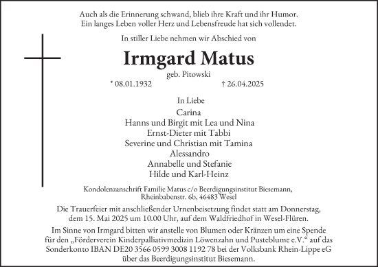 Traueranzeige von Irmgard Matus von Tageszeitung