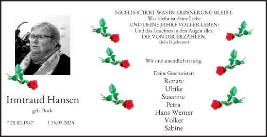 Traueranzeige von Irmtraud Hansen von Tageszeitung