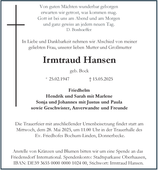 Traueranzeige von Irmtraud Hansen von Tageszeitung
