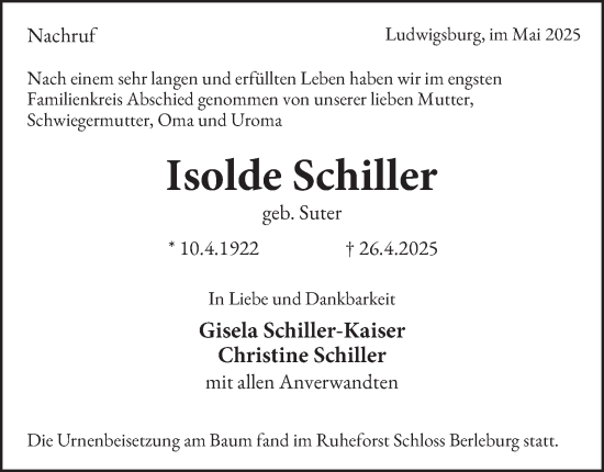 Traueranzeige von Isolde Schiller von Tageszeitung