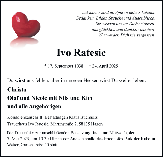 Traueranzeige von Ivo Ratesic von Tageszeitung