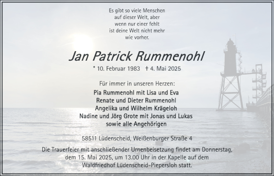 Traueranzeige von Jan Patrick Rummenohl von Tageszeitung