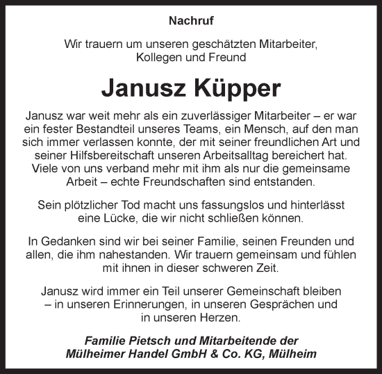 Traueranzeige von Janusz Küpper von Tageszeitung