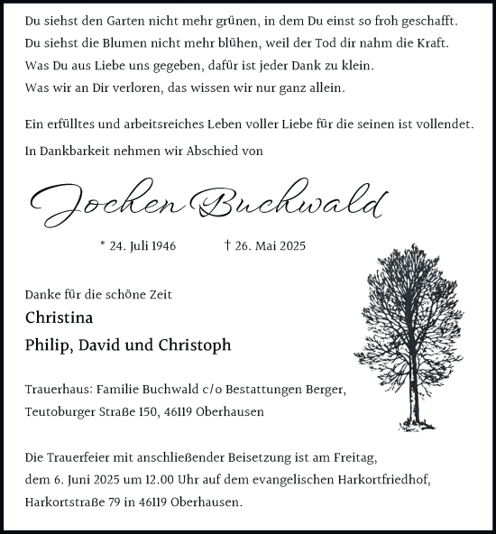 Traueranzeige von Jochen Buchwald von Tageszeitung