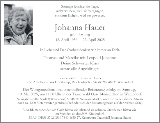 Traueranzeige von Johanna Hauer von Tageszeitung